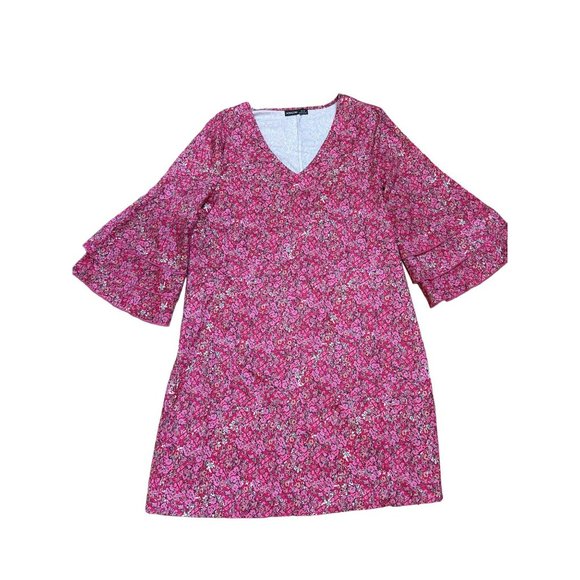 NoraCora Women's Pink Floral V-Neck Shirt Dress Size Small Trumpet Sleeve - Picture 1 of 11